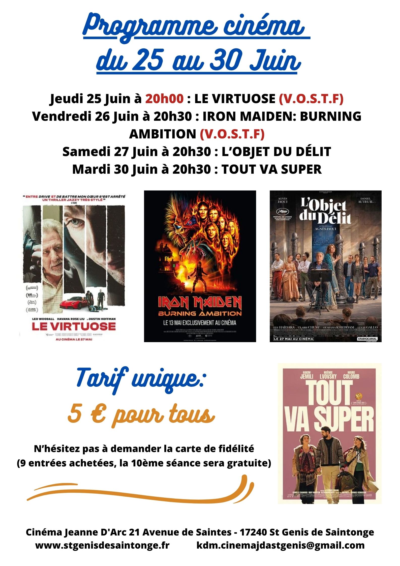 Programme Cinéma Saint Genis de Saintonge (du 25 au 30 Juin)