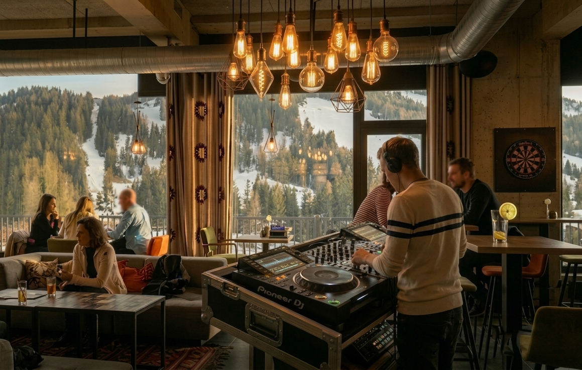 Een DJ achter de draaitafels in een gezellige bar met panoramisch uitzicht op de met sneeuw bedekte skipistes. De sfeer is warm en uitnodigend, verlicht door het gouden licht van hanglampen