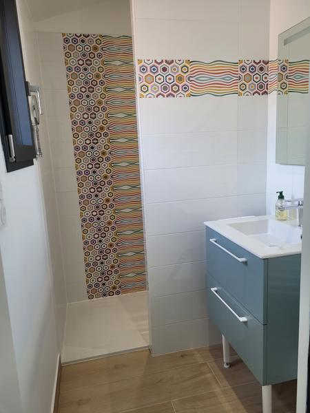 Une salle d'eau avec doucher à l'italienne, un lavabo.