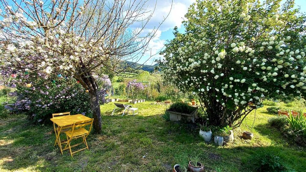 Gîte / Maison de Vacances \'La Maison d\'Ida\' à Meaux la Montagne (Rhône, Beaujolais Vert, proximité du Lac des Sapins) : jardin arboré et fleuri.