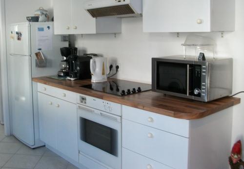 Cuisine ouverte avec frigo, plaques, hottes, micro-ondes, four, bouilloir, rangements.