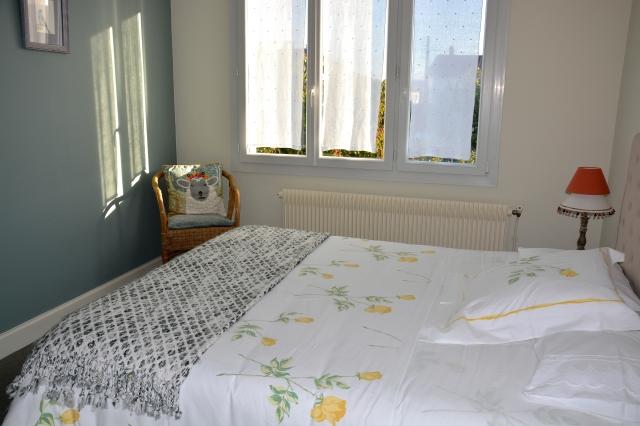 Une chambre avec un lit double.