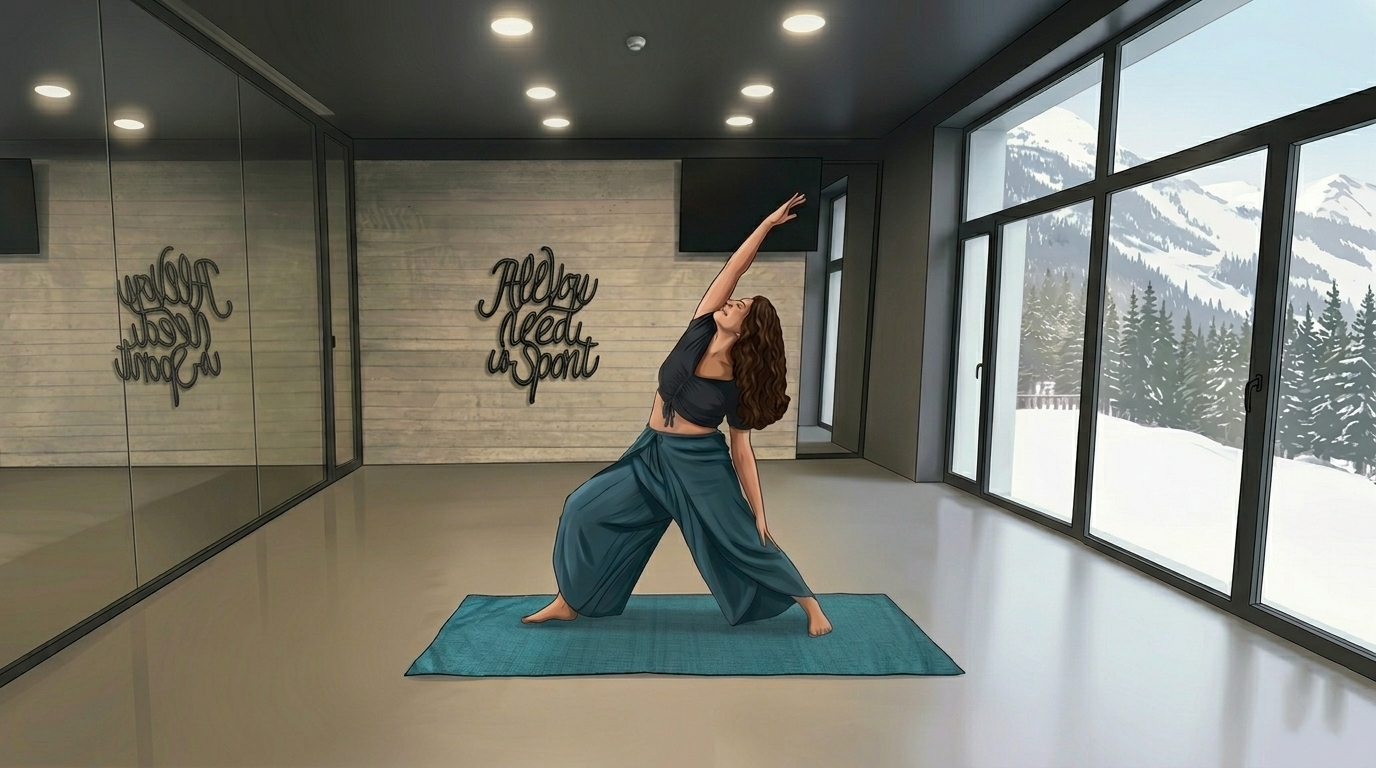 Solo yoga session featuring the dragon dance pose facing snowy mountains.