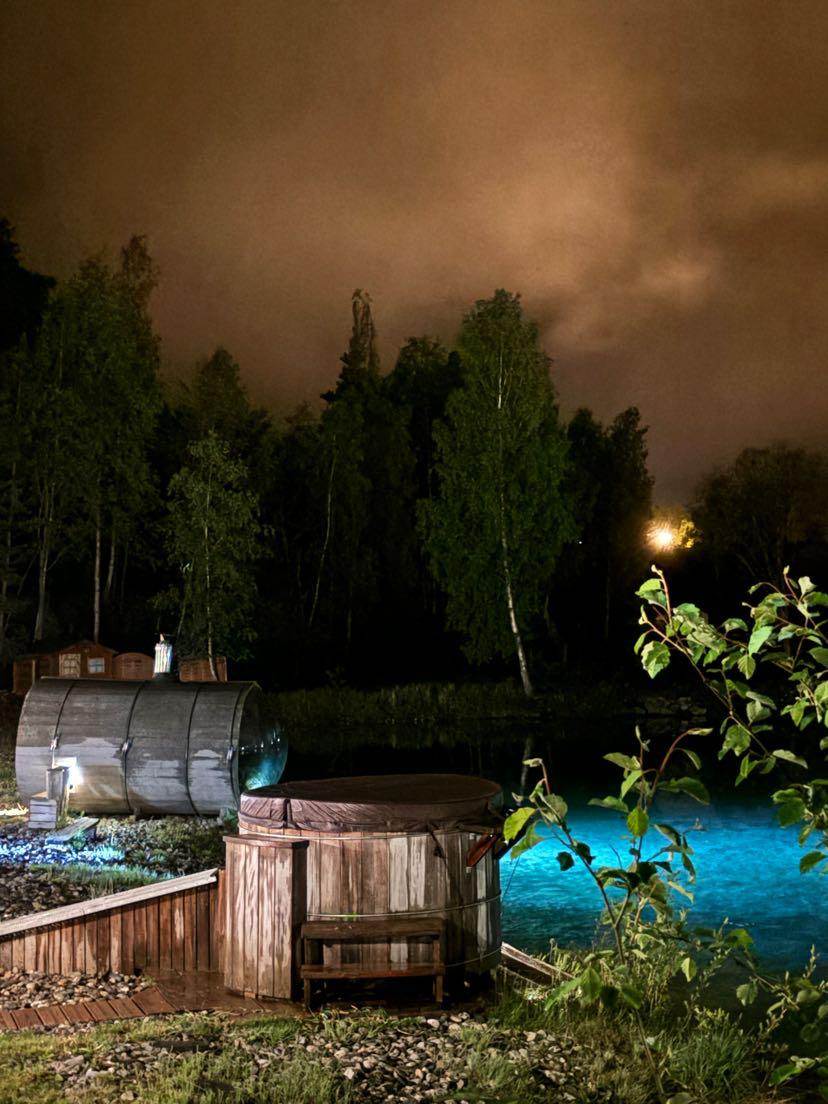 Sauna and Nordic bath by the lake at night