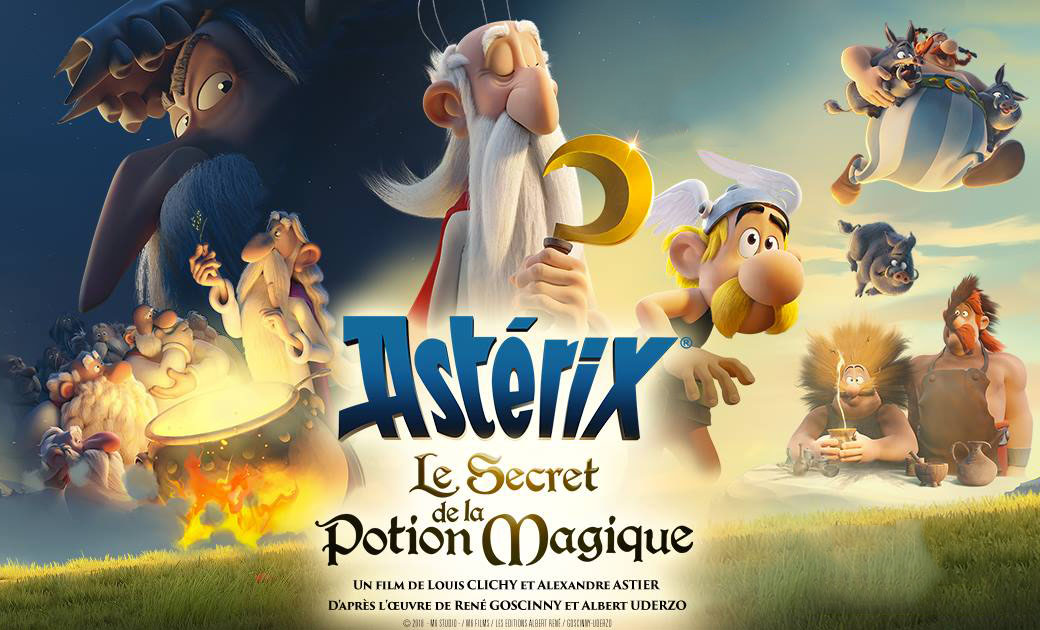 Affiche officielle du film « Astérix : Le Secret de la Potion Magique », réalisé par Louis Clichy et Alexandre Astier. On y voit le druide Panoramix au centre, entouré d'Astérix et des habitants du célèbre village gaulois