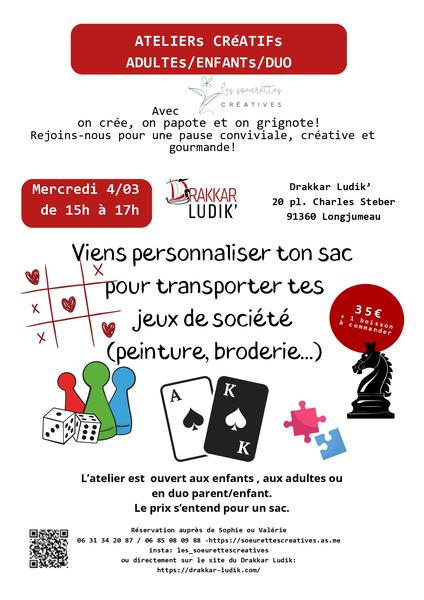Atelier créatif customisation de ton sac de jeux de société 
