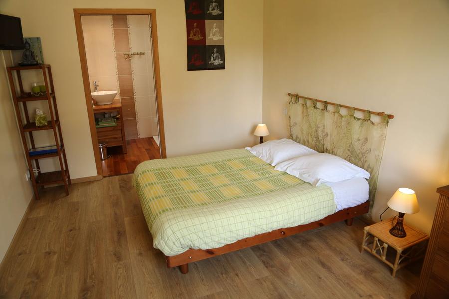 Chambre avec un lit double, au fond la salle d'eau.