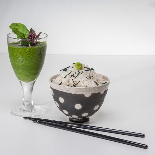 Smoothie à la spiruline accompagné de riz et Crudispir