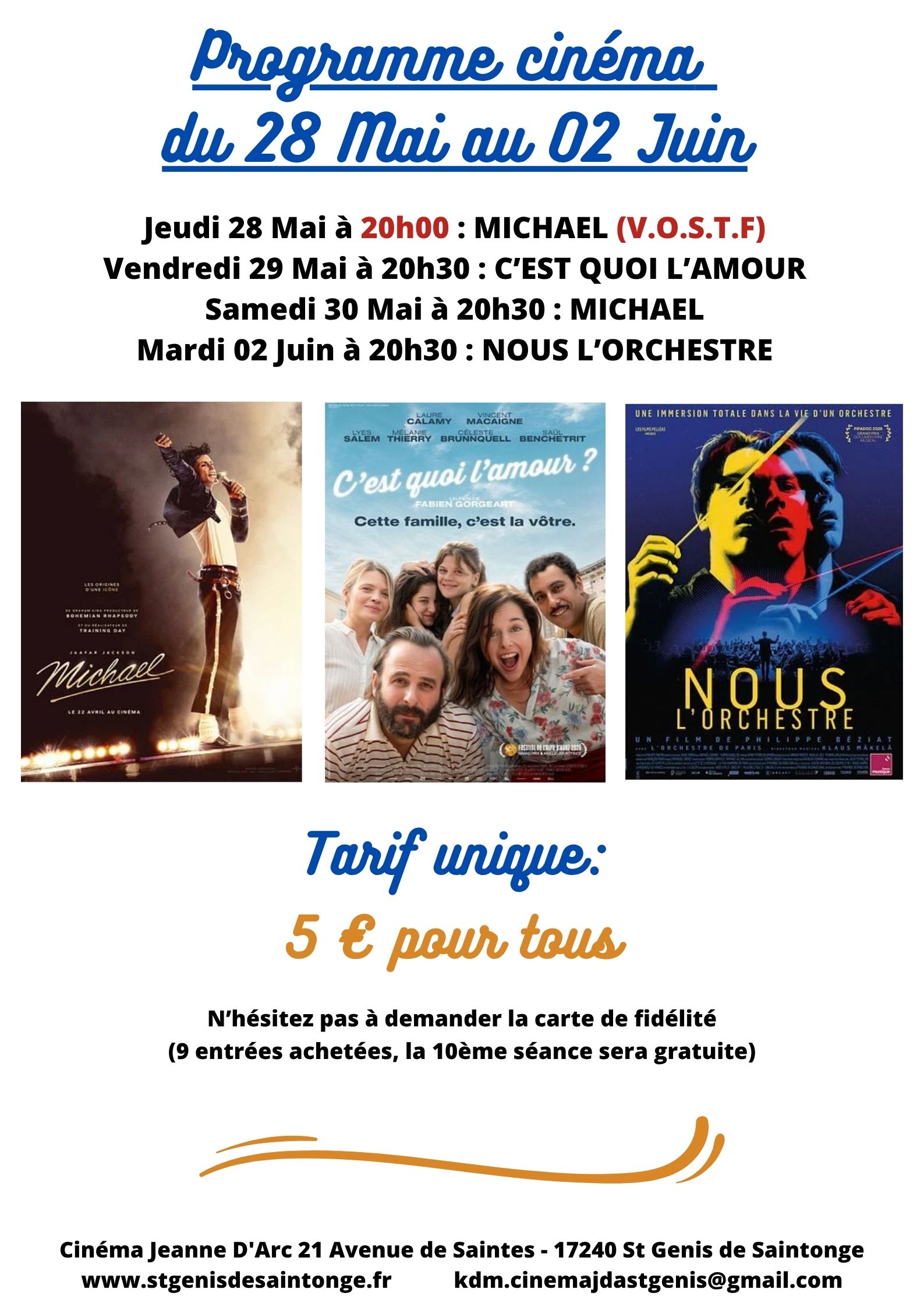 Programme Cinéma Saint Genis de Saintonge du 28 Mai au 02 Juin
