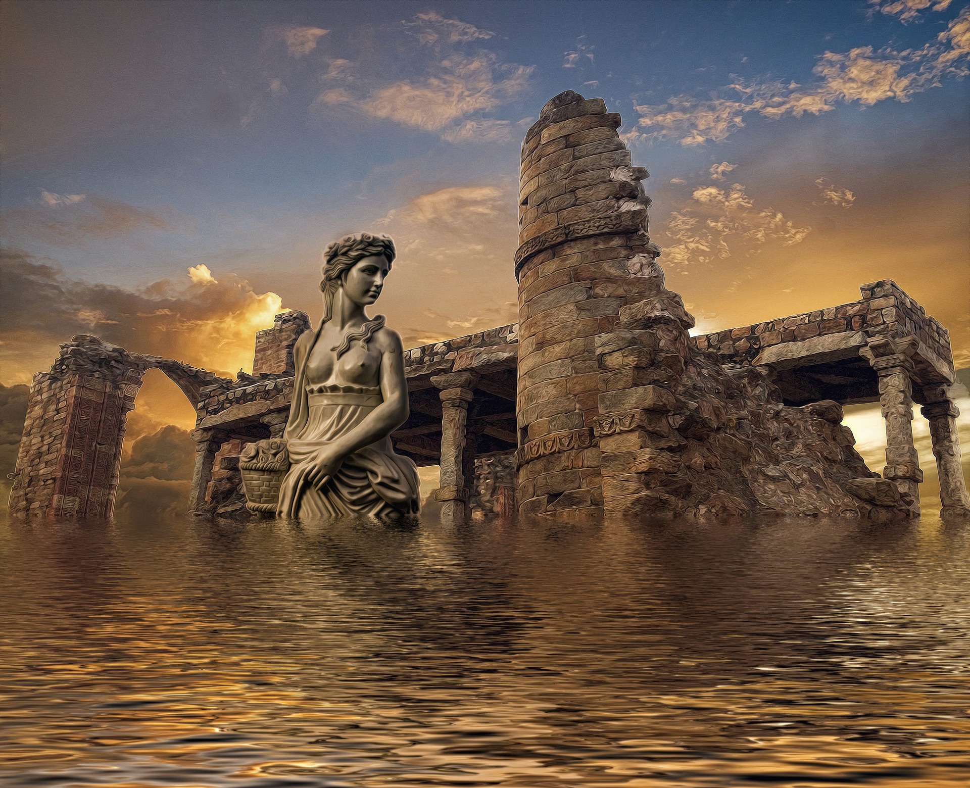 Statue et ruines dans l'eau