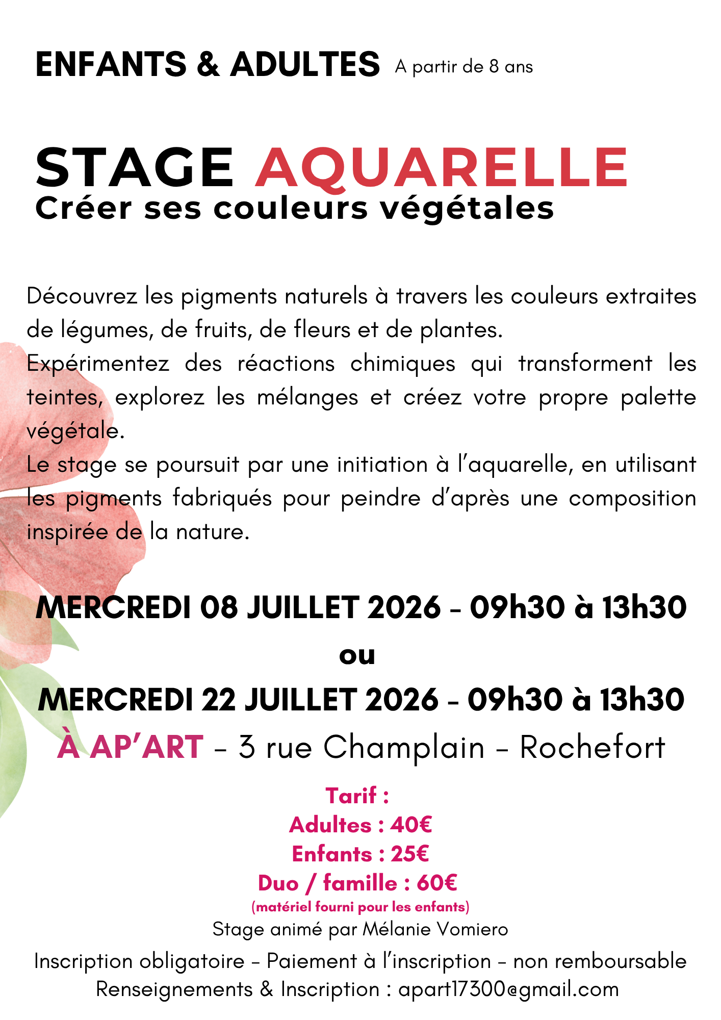 Stage aquarelle : créer ses couleurs végétales Adultes & Enfants