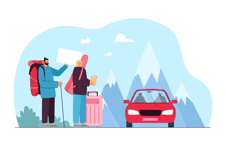 Image Man and woman hitchhiking on road flat vector illustration