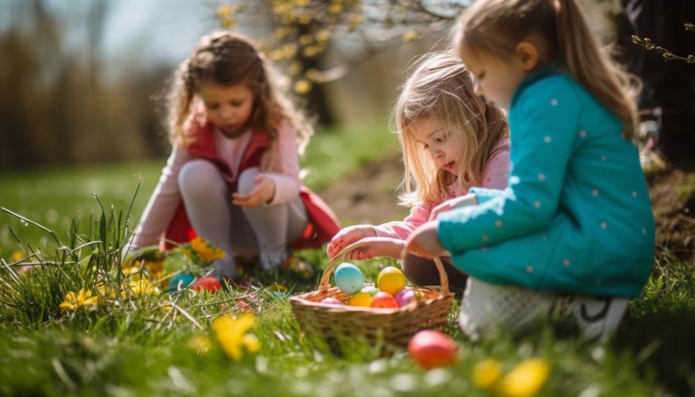 Enfants cherchant des œufs de Pâques en extérieur 