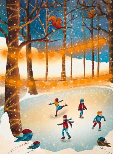 patinoire, glace, enfants, patins, sapins, neige, oiseaux, arbres 