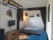 Espace séjour avec canapé-lit, table basse et TV, séparation par rideaux de la chambre à coucher avec lit double