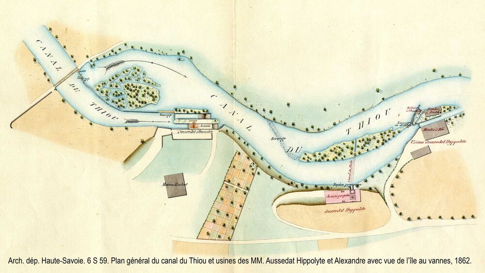 Plan général du canal du Thiou et usines des MM. Aussedat Hippolyte et Alexandre avec vue de l’île au vannes, 1862