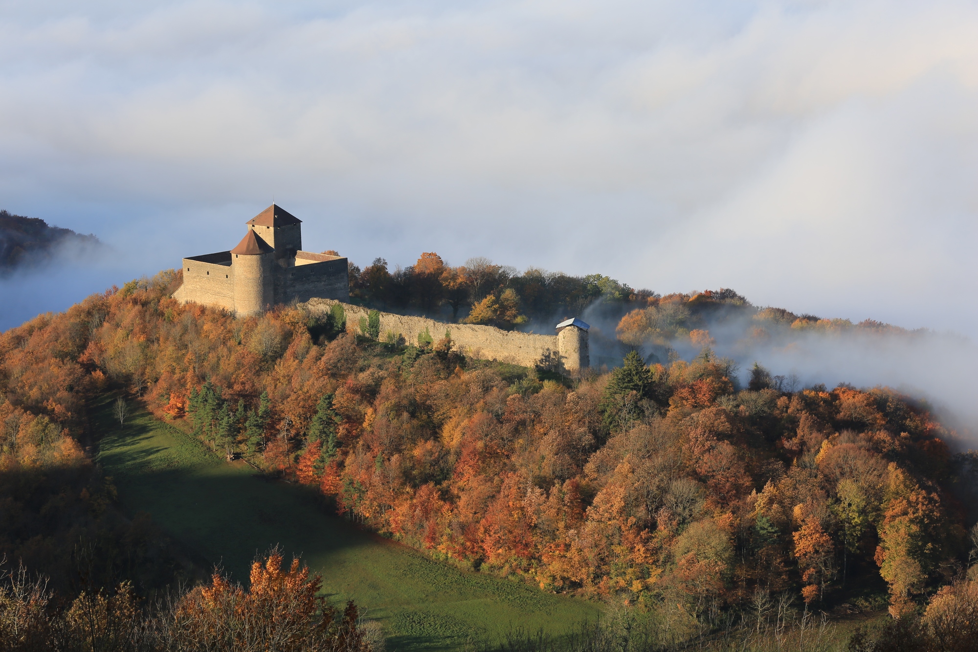 château des Allymes-vue aérienne- automnes -Thierry Deroubaix