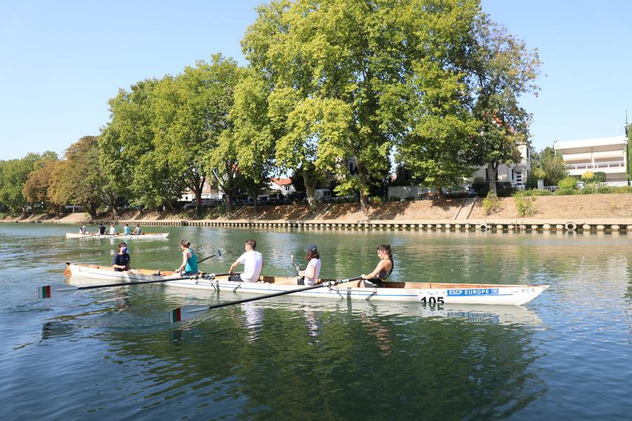 Groupe pratiquant l'aviron sur la Marne 