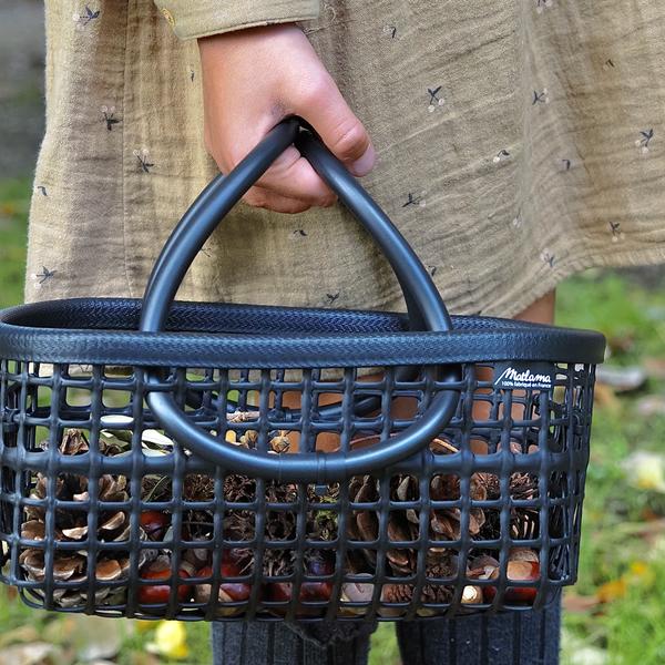 Une main tenant un panier en matière de poches ostéricole, dedans des pommes de pins, chataignes, etc.