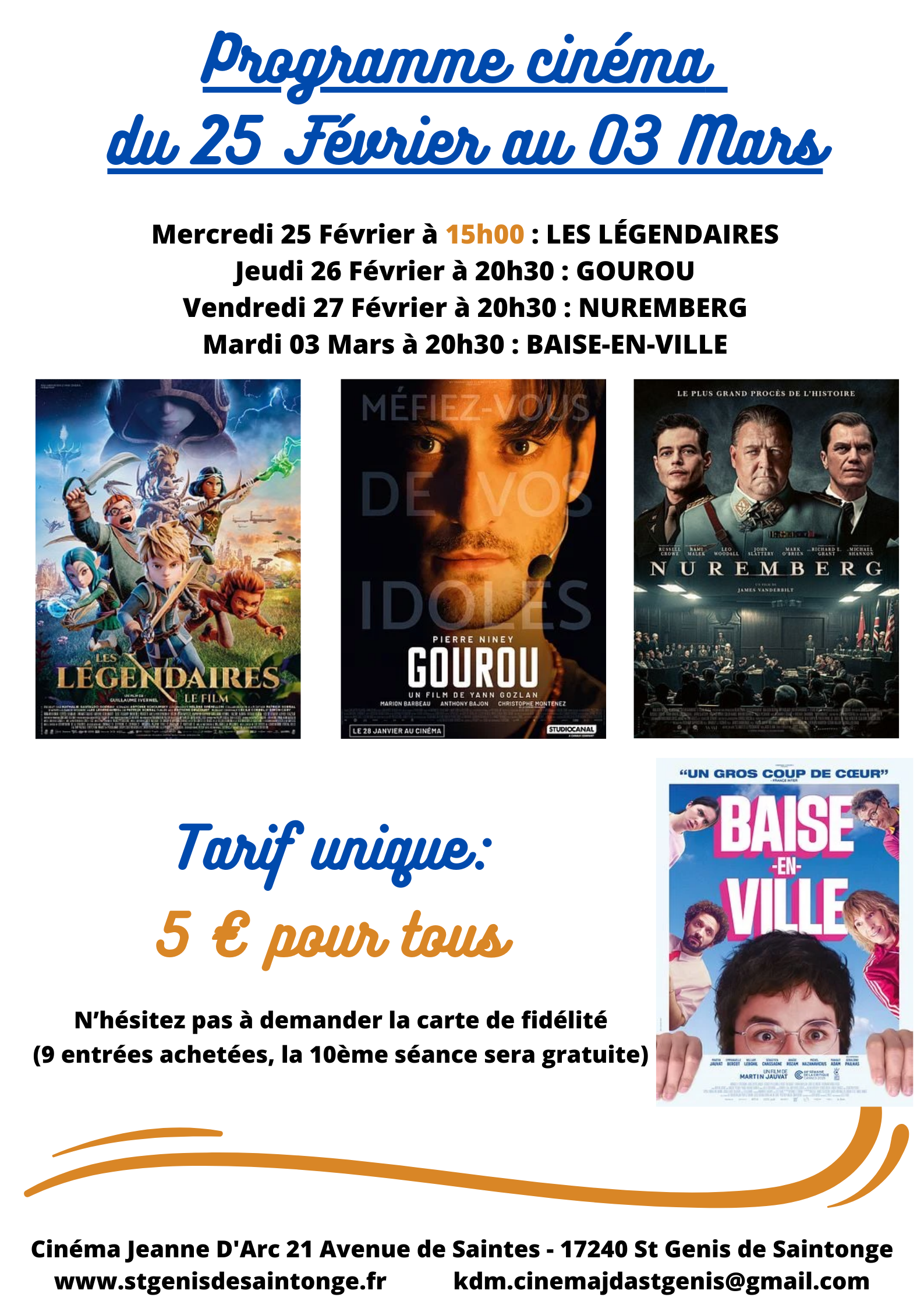 Programme Cinéma Saint Genis de Saintonge (25 Février au 03 Mars)