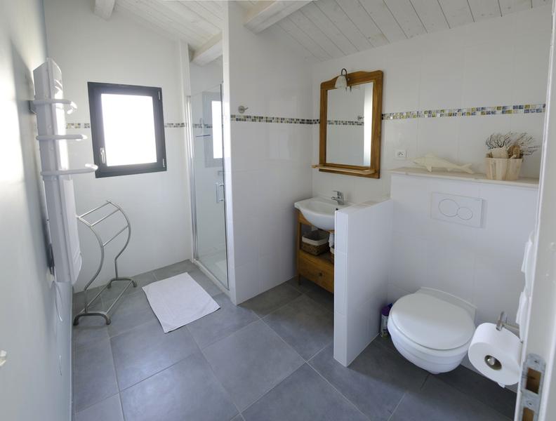 Salle d'eau avec cabine de douche, sèche-serviette, lavabo, toilette.