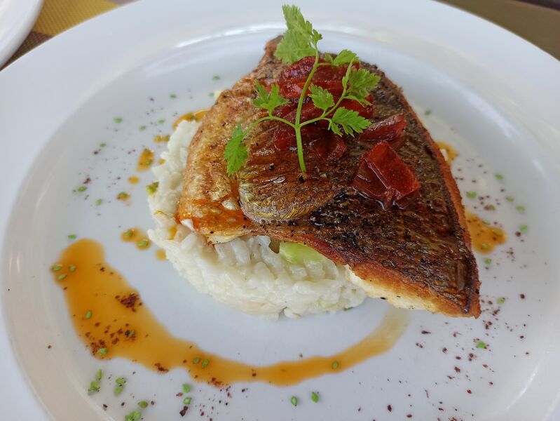 Filet de daurade sauce ail et chorizo et risotto aux asperges La Ciboulette - restaurant avec vue panoramique à Gassin - https://gassin.eu
