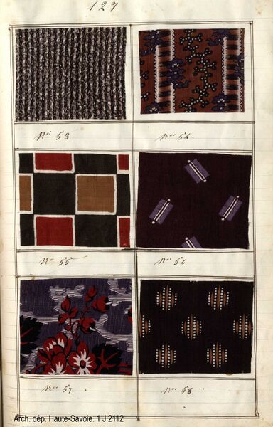 Traité général de la fabrication des tissus de la Manufacture d’Annecy et Pont, fait par Jean Barricand, échantillons de tissu, 1856