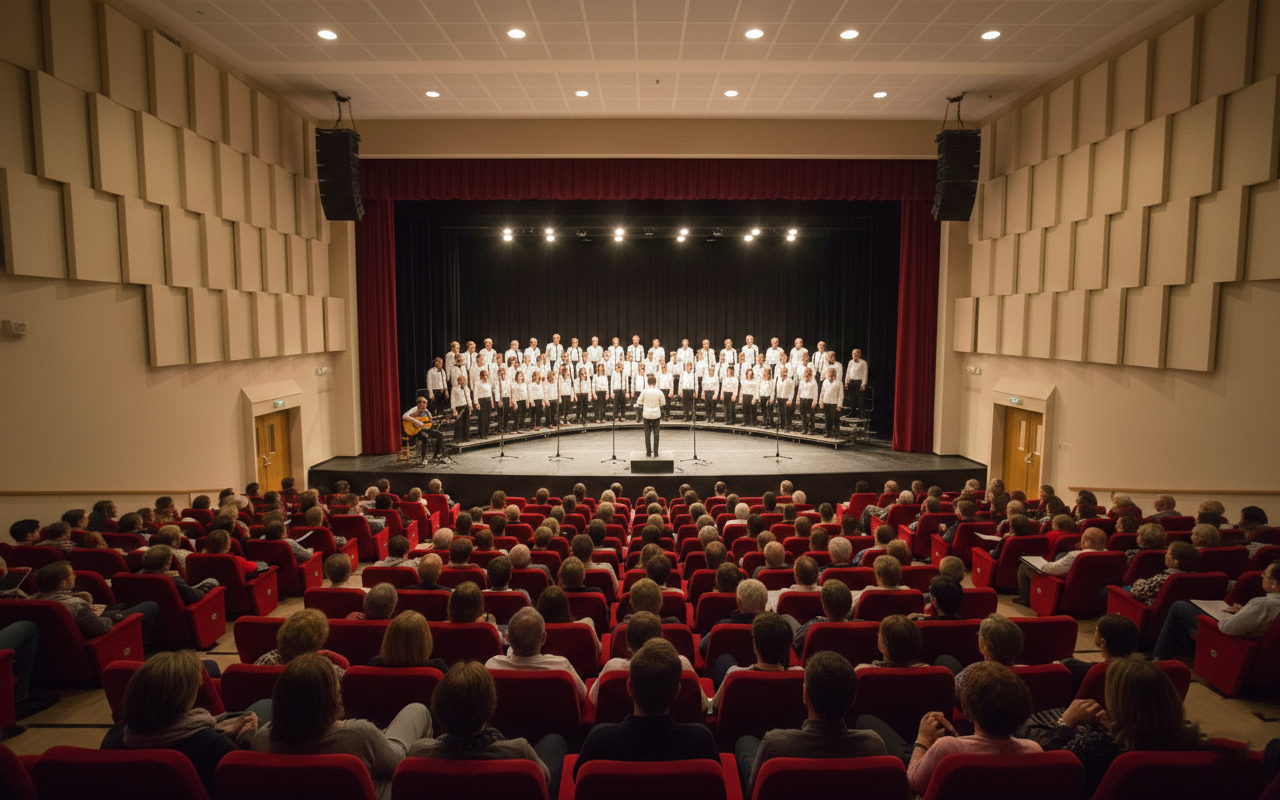 Uitzicht vanuit het publiek in een modern auditorium waar een koor in het wit op het podium zingt voor een volle zaal met rode stoelen.