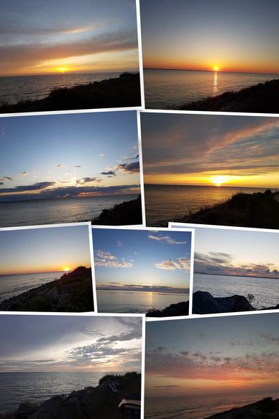 une mozaique de photos de l'océan au coucher ou levé sur soleil.