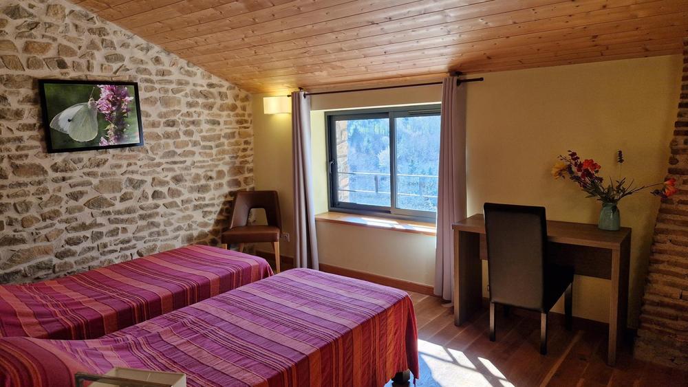 Gîte du Grand Peisselay à VALSONNE (Rhône - Beaujolais Vert) : 2ème chambre avec 2 lits individuels, à l\'étage. La chambre cheminée.
