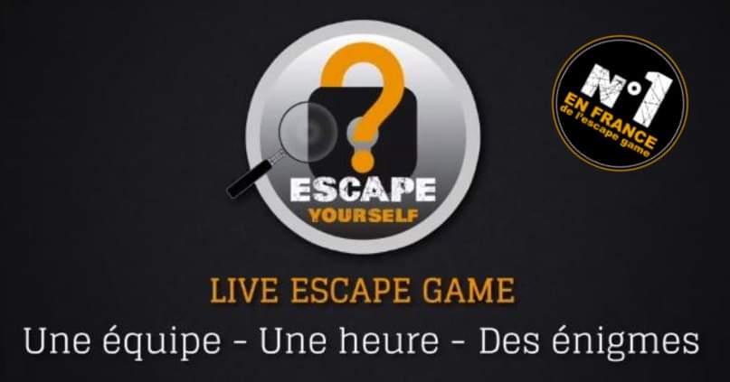 Image Escape Yourself indiquant: "live espace game, une équipe - une heure - des énigmes".