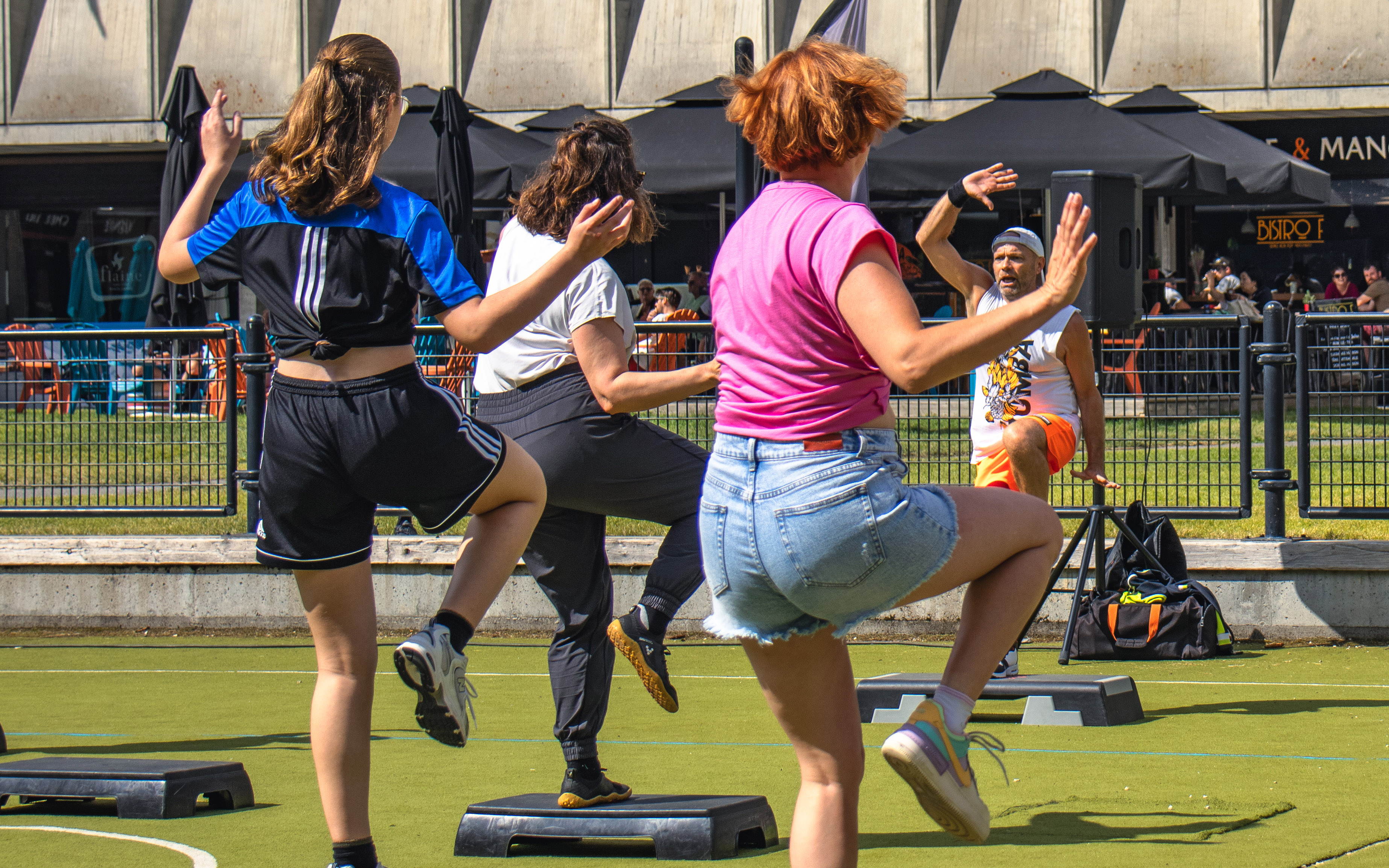 Close-up of the zumba step class