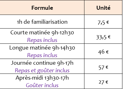 Tarifs Eté 2026