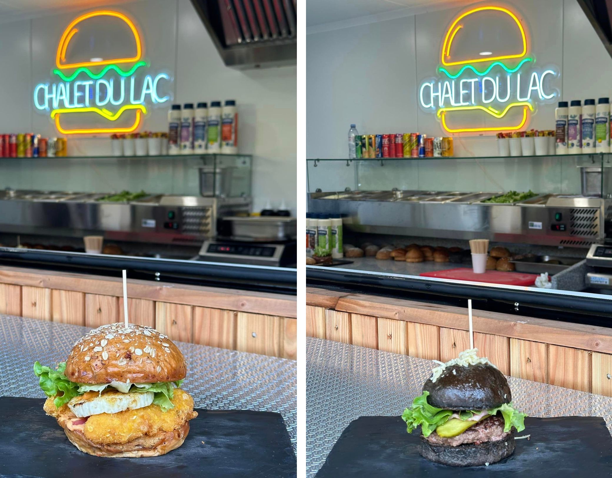 2 pictures with 1 different burger in each one and neon sign + counter in the background Le Chalet du Lac Burger Snack restaurant