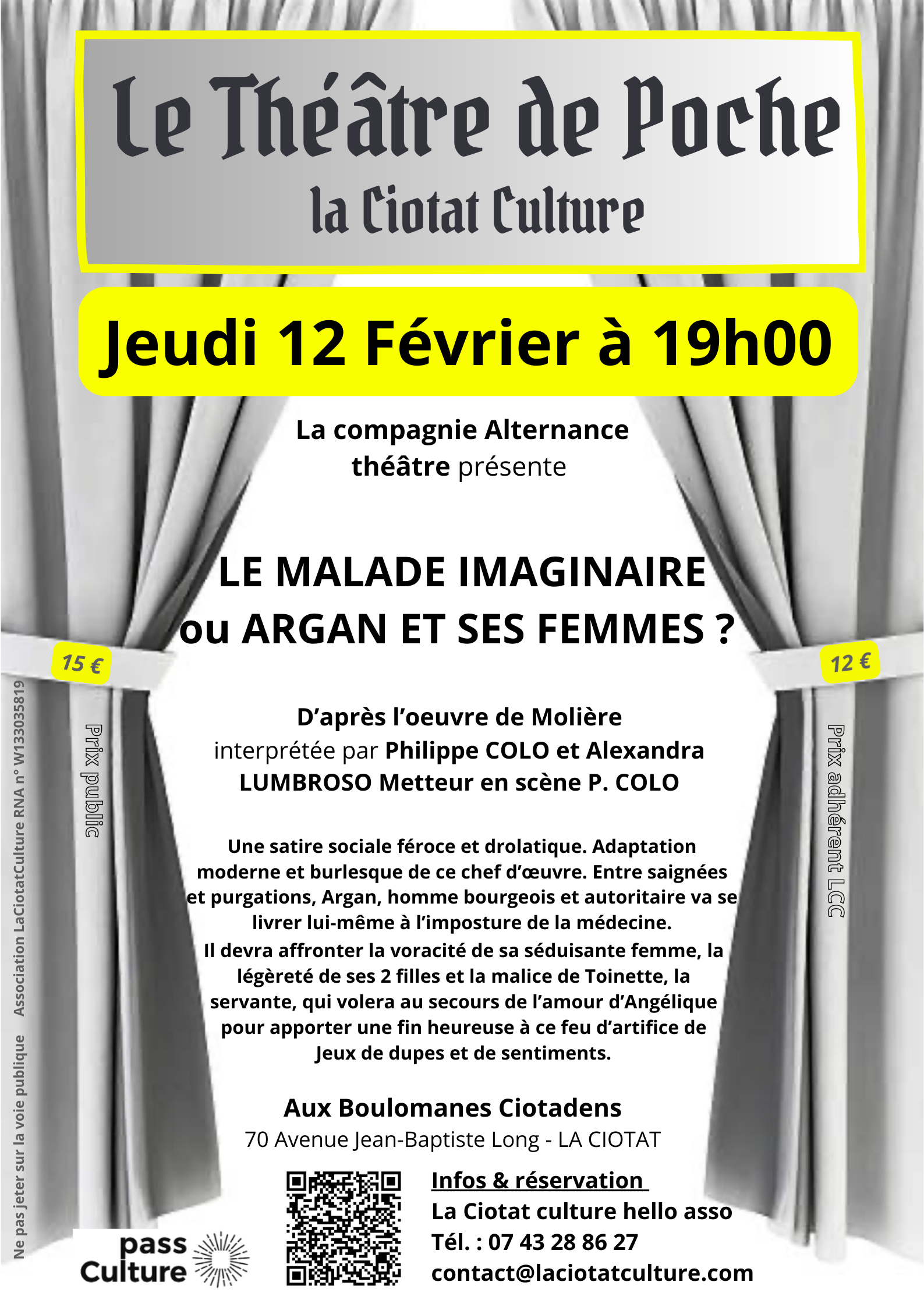 Théâtre de Poche - Le malade imaginaire ou argan et ses femmes ? avec la compagnie Alternance