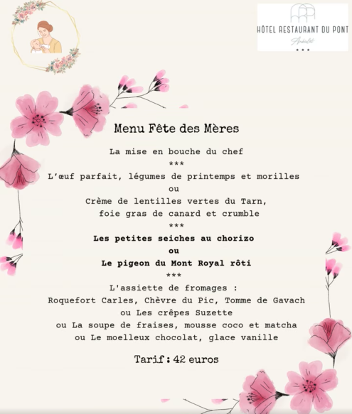Menu Fête des Mères à l'Hôtel Restaurant du Pont