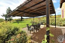 Gîte L'Annexe au Château de Pravins à Blacé  (Rhône, Beaujolais, proximité de Villefranche-sur-Saône) : Terrasse avec vue sur le vignoble.