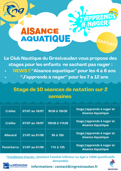 Stage de natation pour enfants cet été avec le CNG