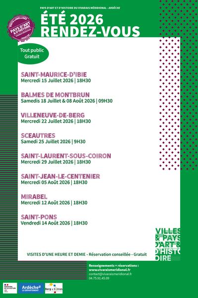 Programme des visites estivales 2026 proposées en Berg & Coiron par le Pays dArt et dHistoire du Vivarais Méridional