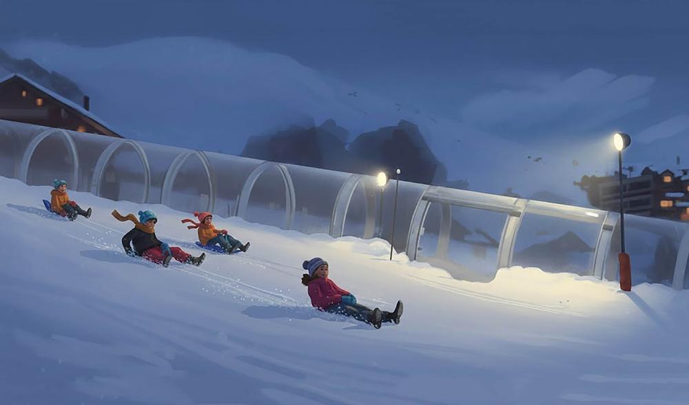 Descentes de luge en nocturne