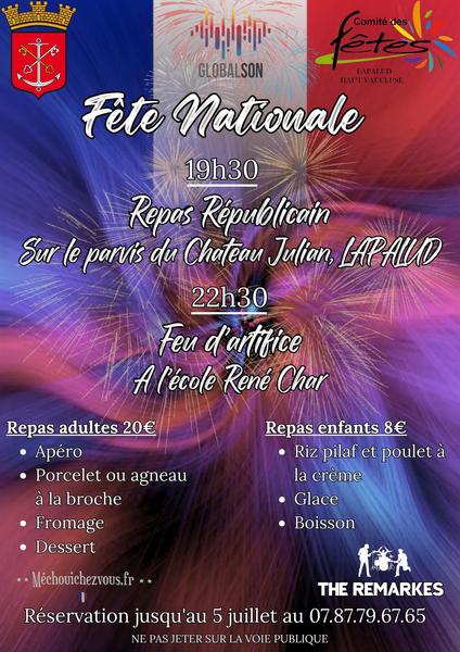 Fête nationale - commémoration, repas et bal républicain, feu d'artifice>