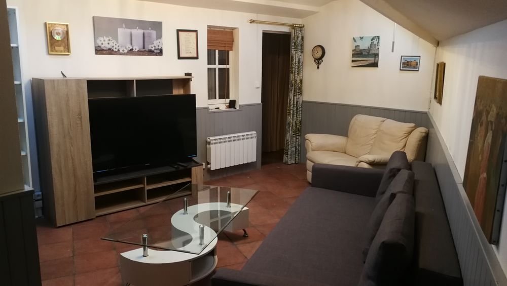 Salon avec canapé, télévision et table basse