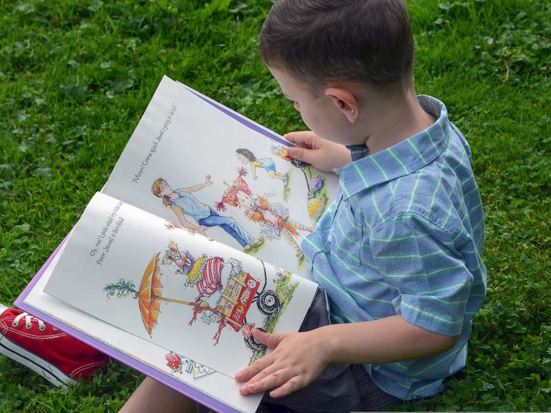 Enfant qui regarde un livre assis sur la pelouse