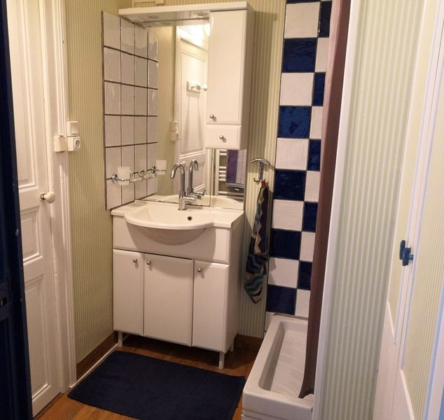 Salle d'eau avec douche et rideau de douche, lavabo et miroir