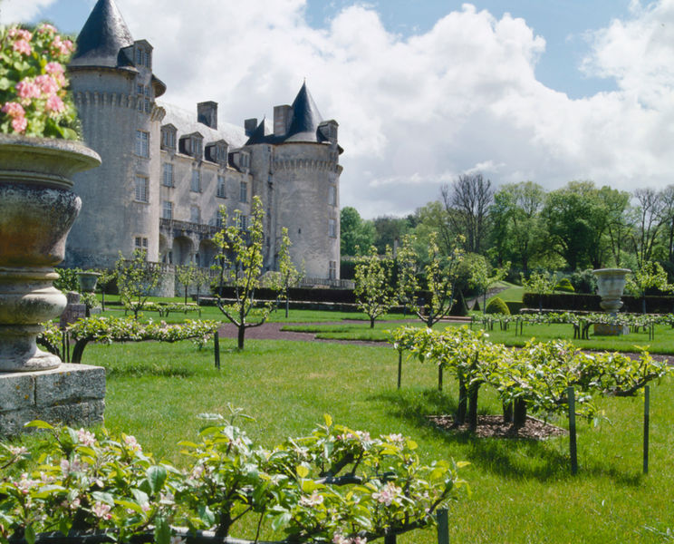 Vue sur le château depuis le verger et ses arbres fruitiers