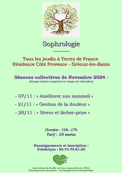 Séances collectives de Sophrologie Du 7 au 28 nov 2024