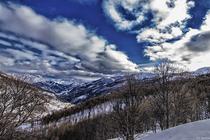 Vue des montagnes et des forêts enneigées de Val d'Allos - La Foux depuis le sentier raquettes des Grands Prés, ciel bleu en arrière-plan