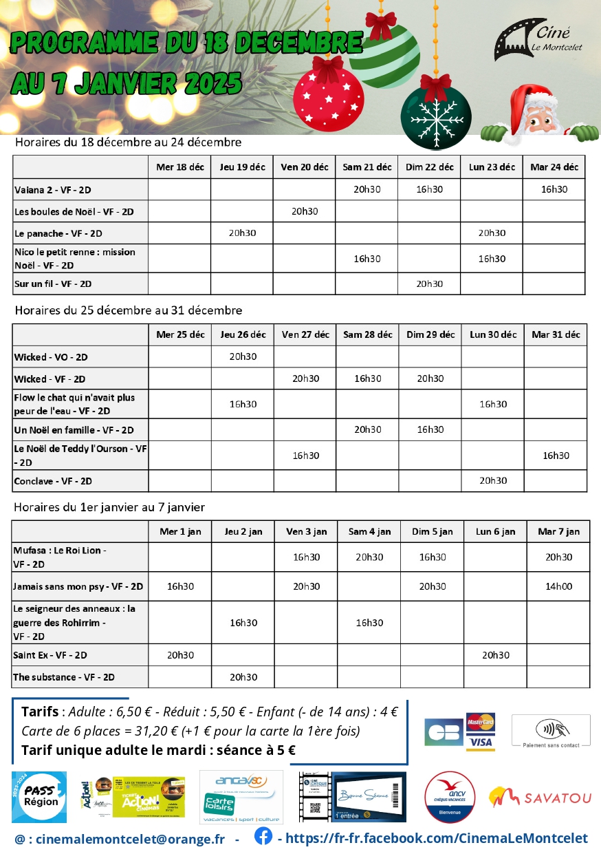 Programme du cinéma Le Montcelet du 18 décembre au 7 janvier