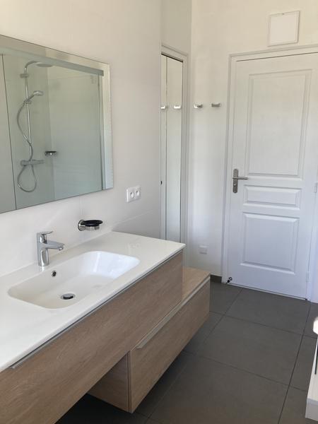 Salle d'eau avec vasque, on apercoit la douche dans le reflet du miroir.