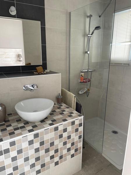 Une salle d'eau avec douche à l'italienne, lavabo.